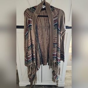 Umgee Tan and Burgundy Fringe Cardigan